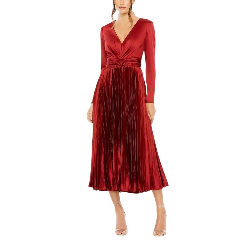 Mac Duggal 27148 Red Cocktail Satin Long Sleeve Pleated A-Line Midi Dress Size 4